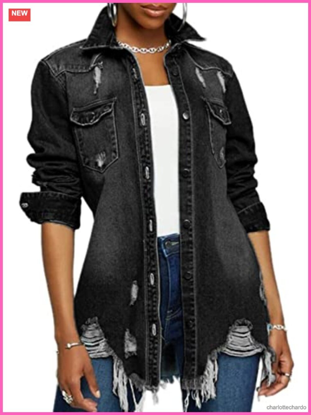 Womens Oversized Distressed Denim Jacket Ripped Long Sleeve Button Down